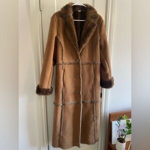 Marvin Richards - Women's Brown Faux Fur Trim Coat - Full Length